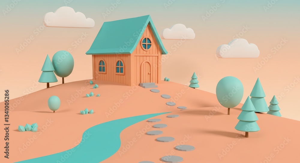 Cute Cartoon House on Hill with River and Trees Illustration Cute Cartoon House on Hill with River and Trees Illustration