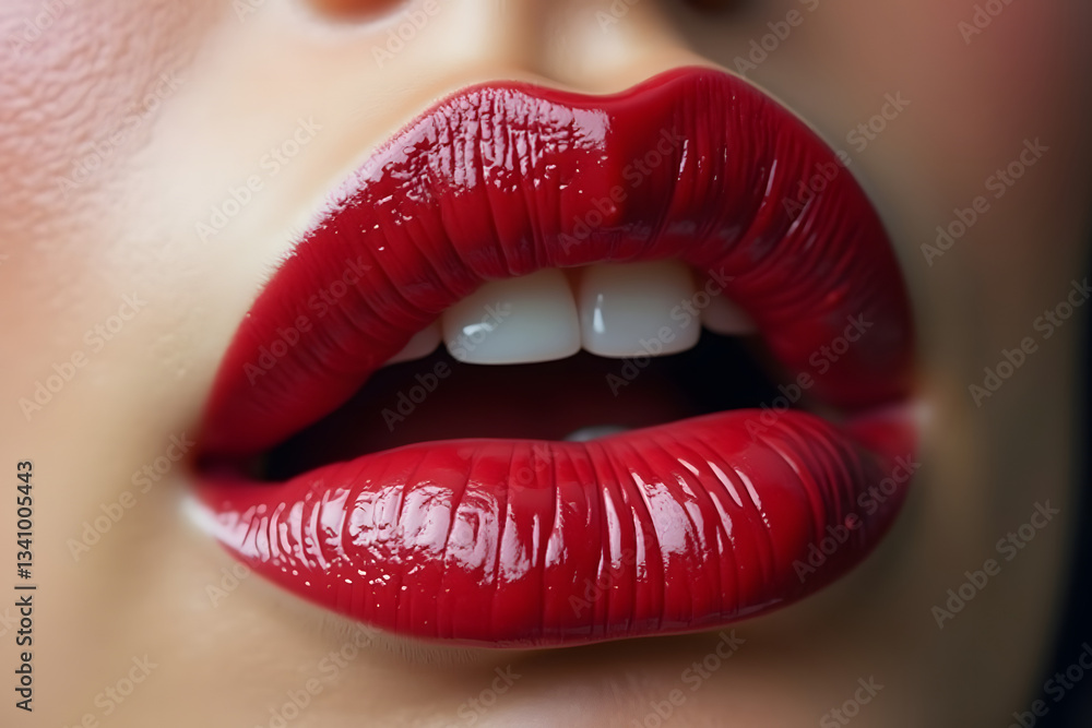 Obraz premium Parted lips, painted with bright red lipstick, close-up