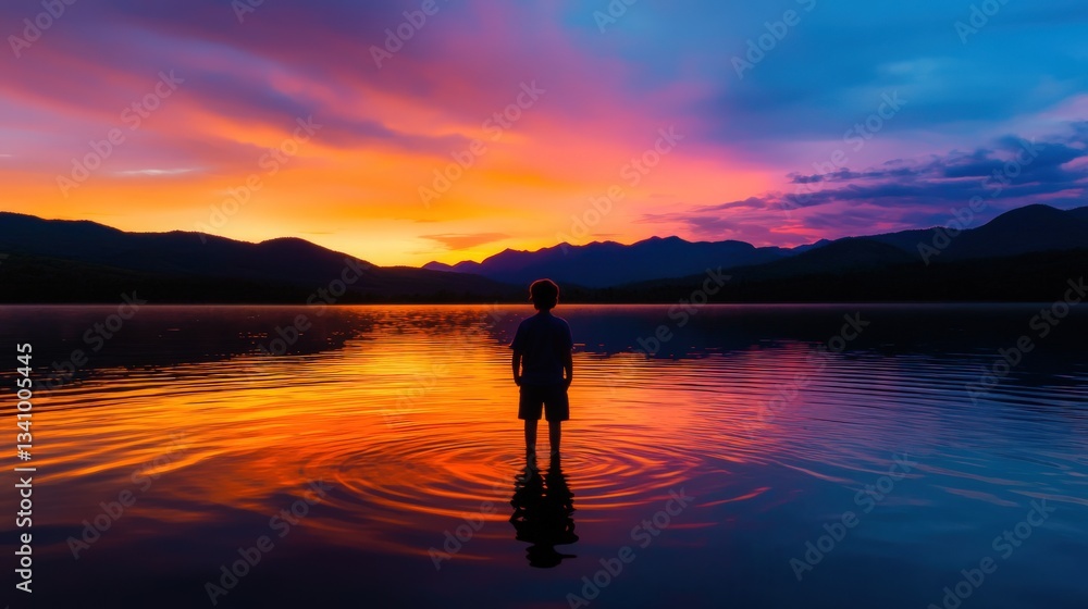 Fototapeta premium Silhouette of child at sunset on lake