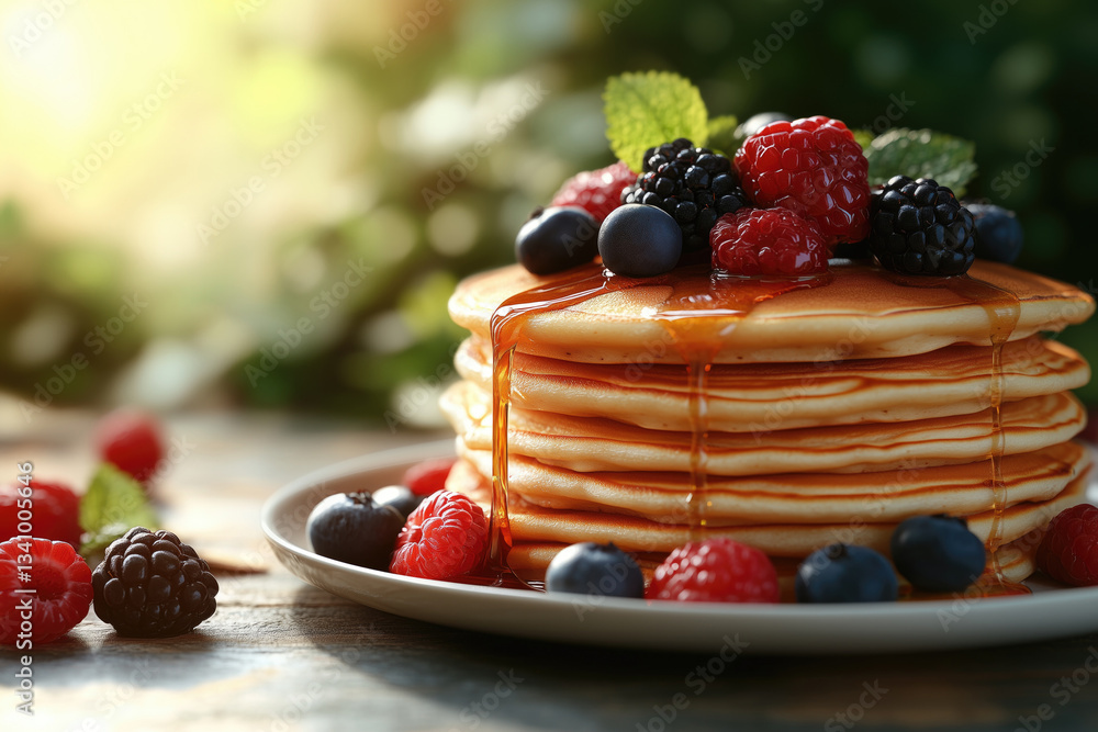 Stack of pancakes with fresh berries and syrup