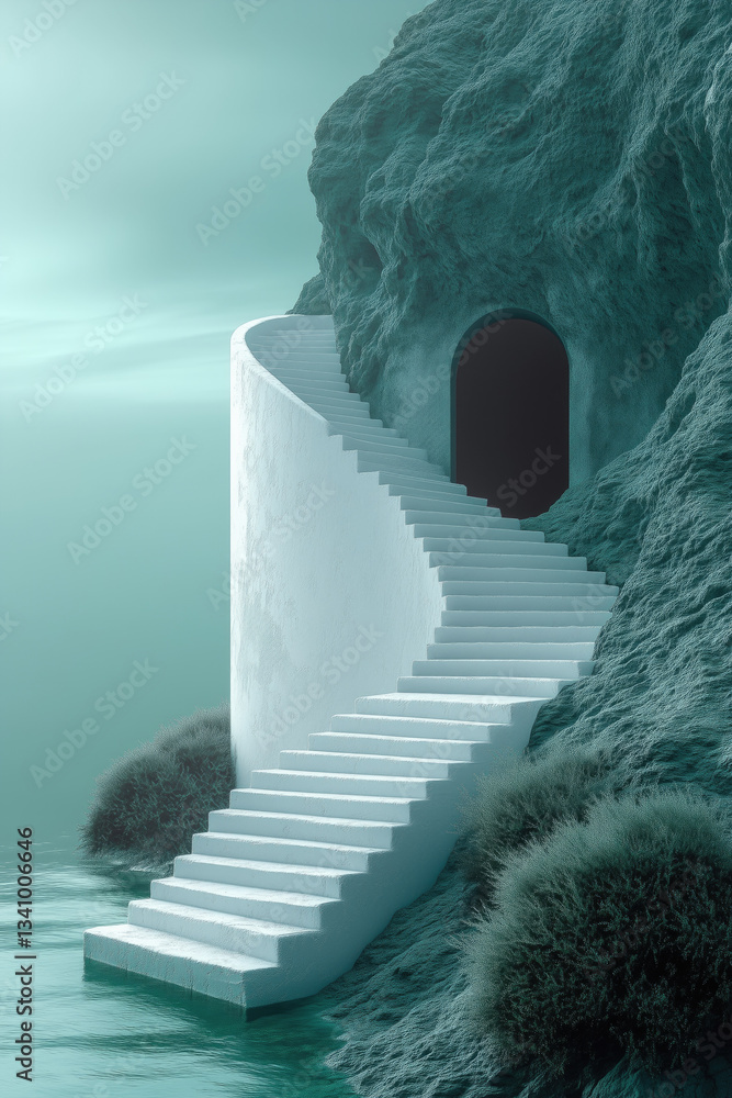 Spiral staircase leading to a mysterious cave by a tranquil body of water