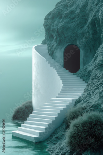 Spiral staircase leading to a mysterious cave by a tranquil body of water