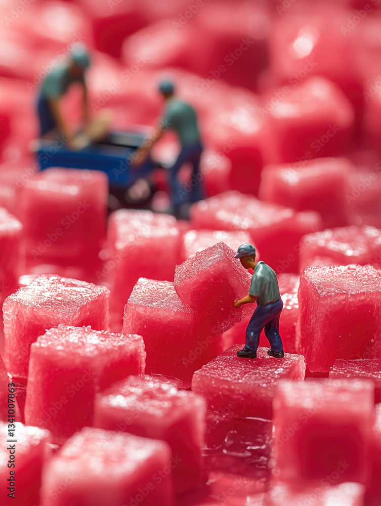 Miniature workers transport watermelon cubes in vibrant fruit
