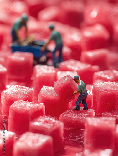 Obraz na płótnie Miniature workers transport watermelon cubes in vibrant fruit w salonie