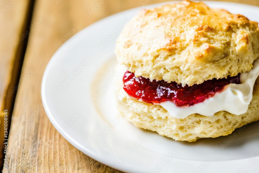 Freshly Baked Scone with Jam and Cream on a White Plate Freshly Baked Scone with Jam and Cream on a White Plate