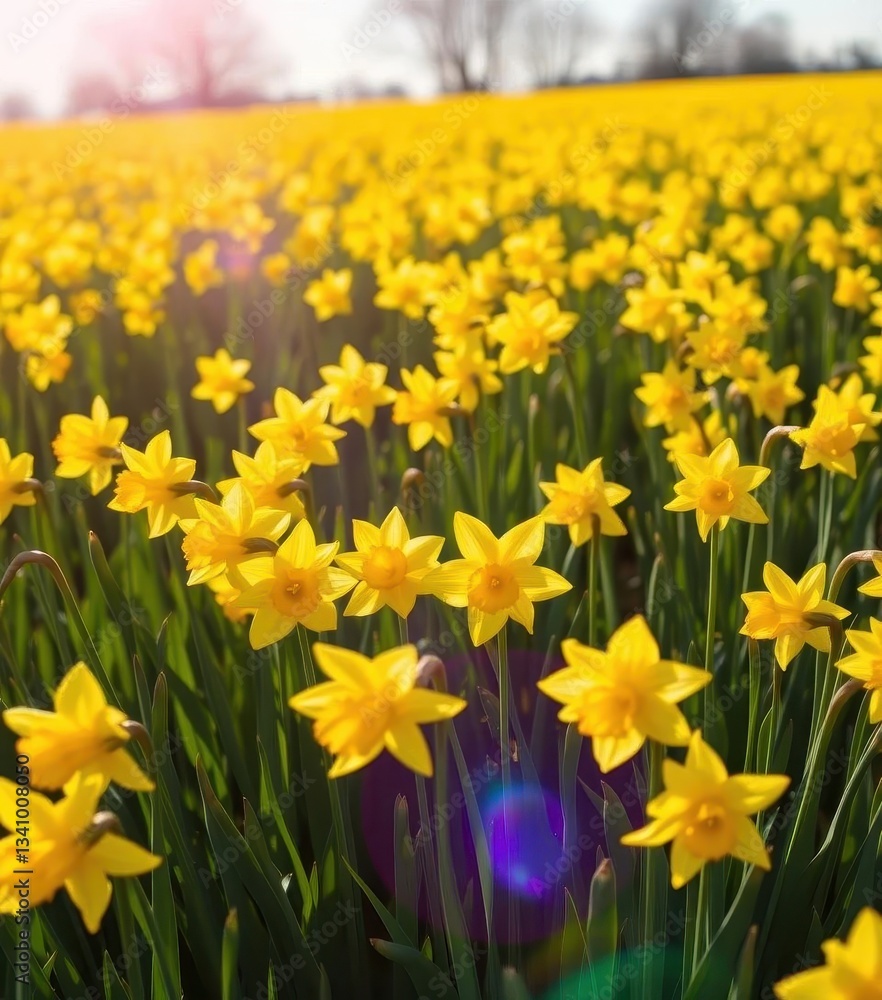 Fototapeta premium Sunlit field of vibrant yellow daffodils blooming in spring, landscape, bloom, yellow flowers