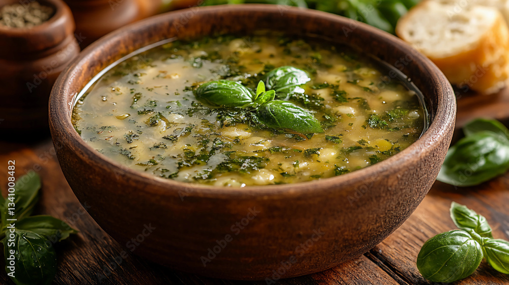 A bowl of soup on a wooden table A bowl of soup on a wooden table