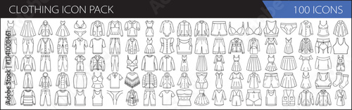 Clothing Icon Pack - 100 Line Art Icons - A collection of 100 minimalist line icons featuring various clothing items, including dresses, shirts, pants, jackets, and skirts for fashion design.  

