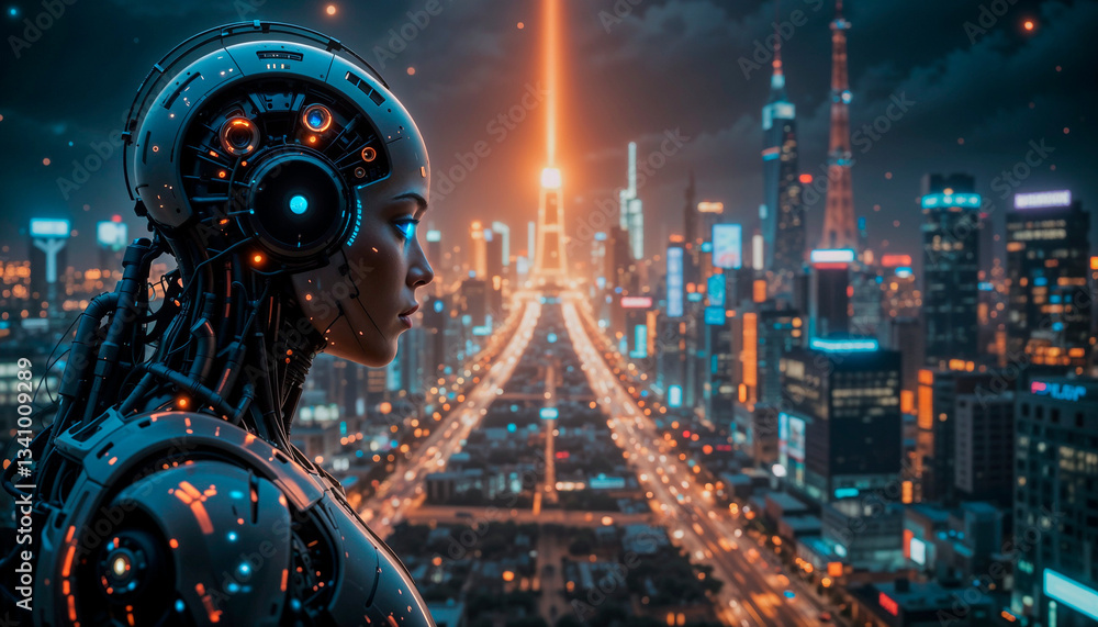 AI robot controlling a futuristic cityscape at night with glowing lights AI robot controlling a futuristic cityscape at night with glowing lights