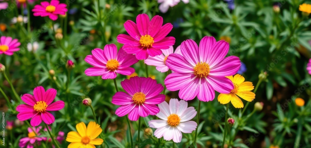 Cosmos flowers blooming vibrantly in a summer garden, botany, meadow Cosmos flowers blooming vibrantly in a summer garden, botany, meadow