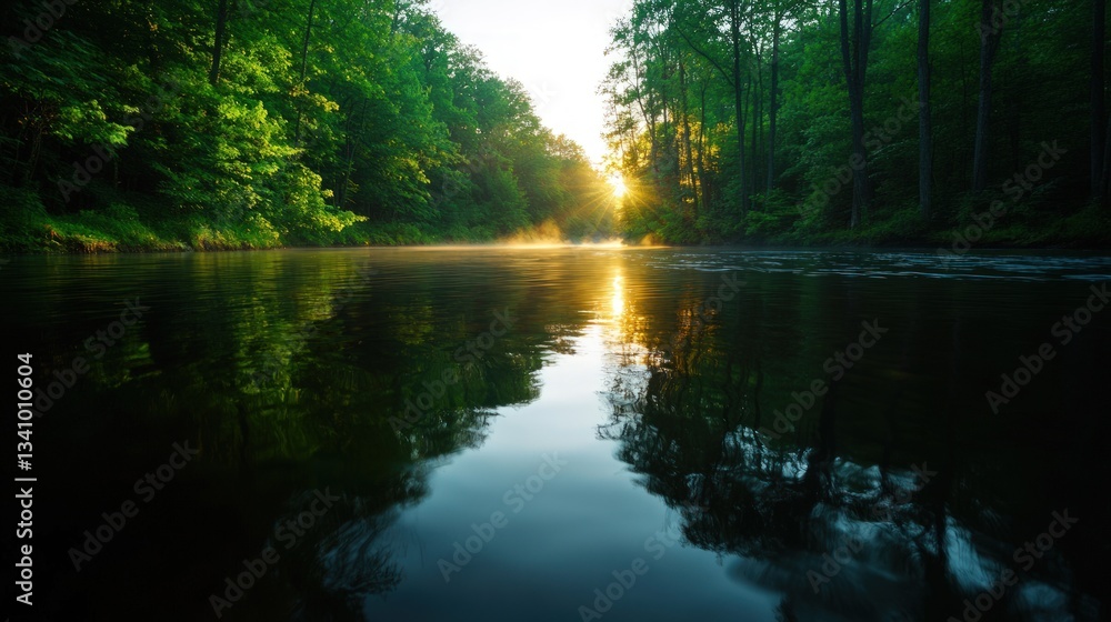 Obraz premium Sunrise over a tranquil river flowing through a lush forest