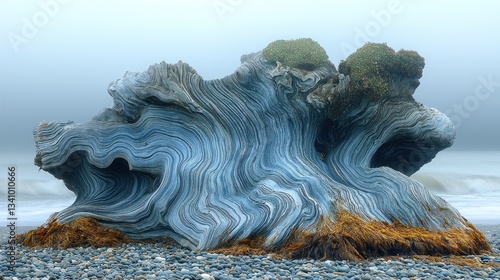 Intricate driftwood sculpture on a beach