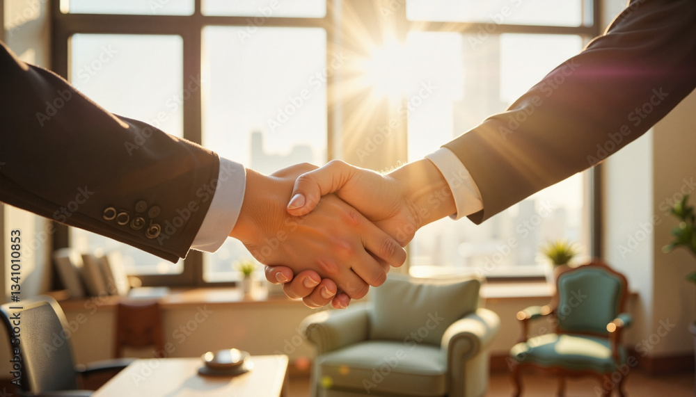 Business Handshake in Elegant Office with Warm Sunlight