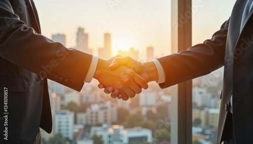 Obraz na płótnie Business Handshake in Corporate Office with City Skyline at Sunset w salonie