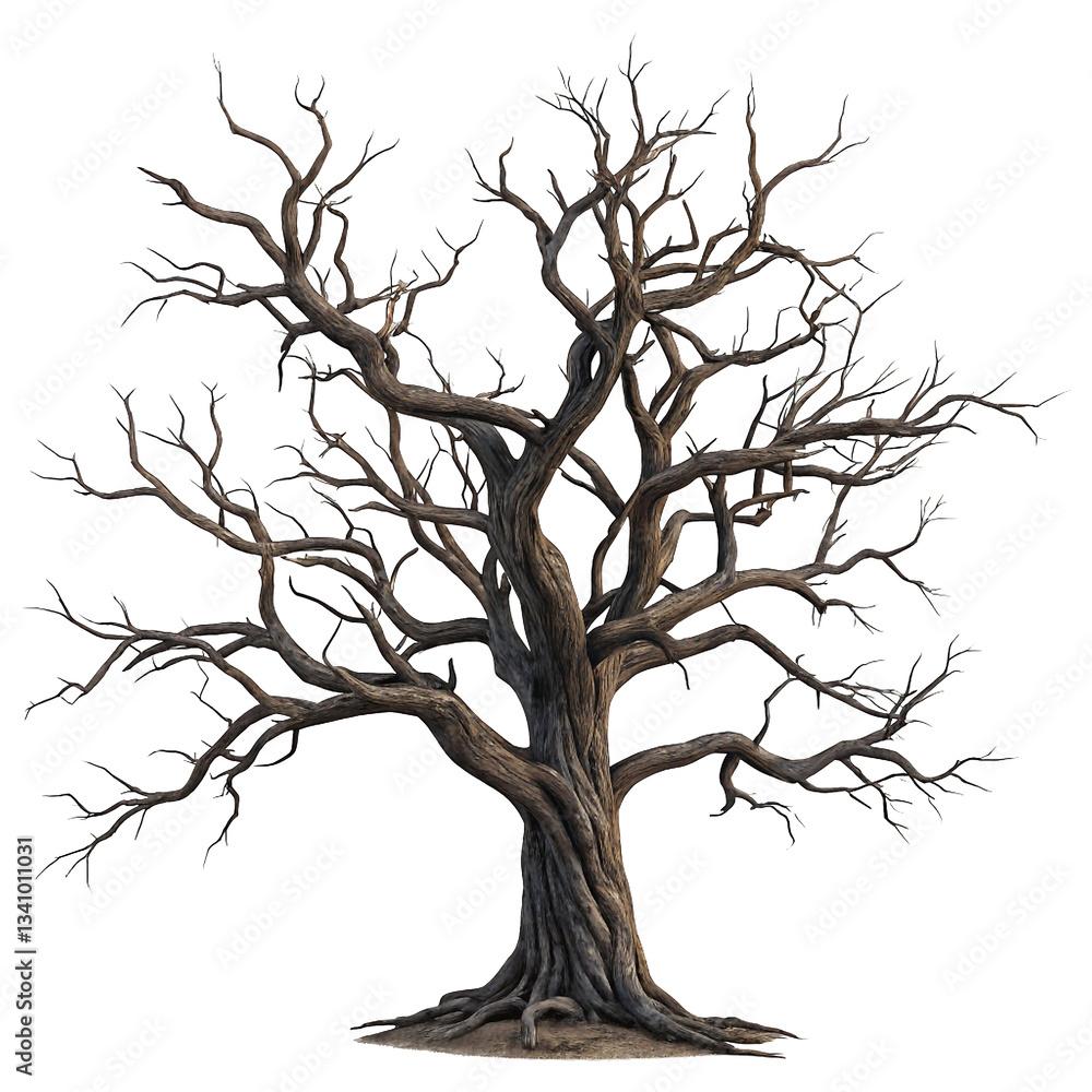 Obraz premium Dead dark ominous leafless spooky tree isolated on white and transparent background