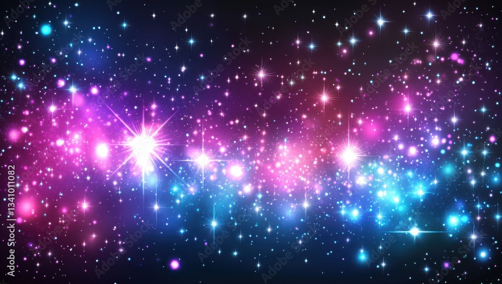 Fototapeta premium Abstract glittery background with glowing stars and bokeh lights, in pastel colors.