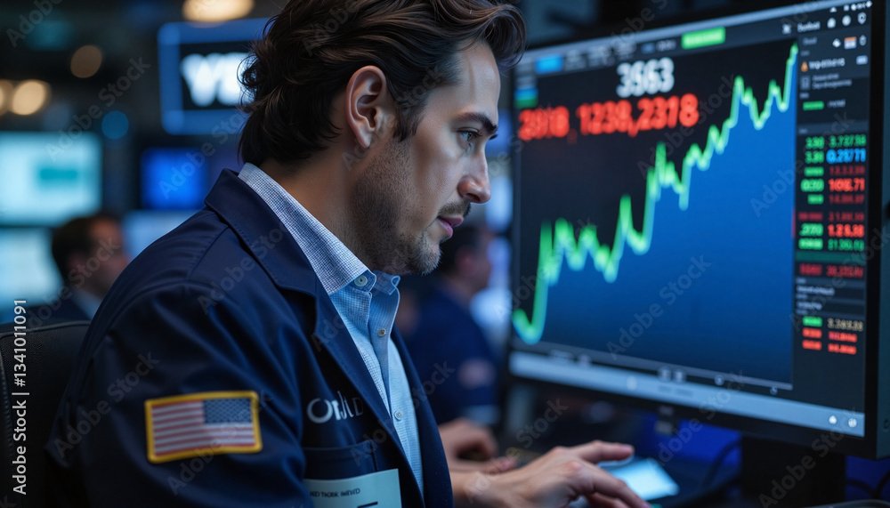 Stock Market Trader Analyzing Financial Data on Multiple Screens