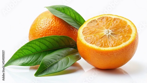 Juicy Orange with Green Leaves on White Background - Healthy Fruit Stock Photo
