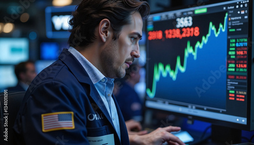 Stock Market Trader Analyzing Financial Data on Multiple Screens