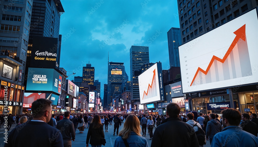 Economic Growth and Financial Success Displayed on Digital Billboards in a Busy City