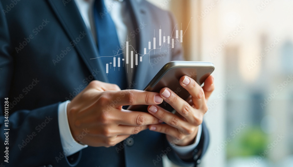 Businessman Using Smartphone for Financial Trading and Market Analysis