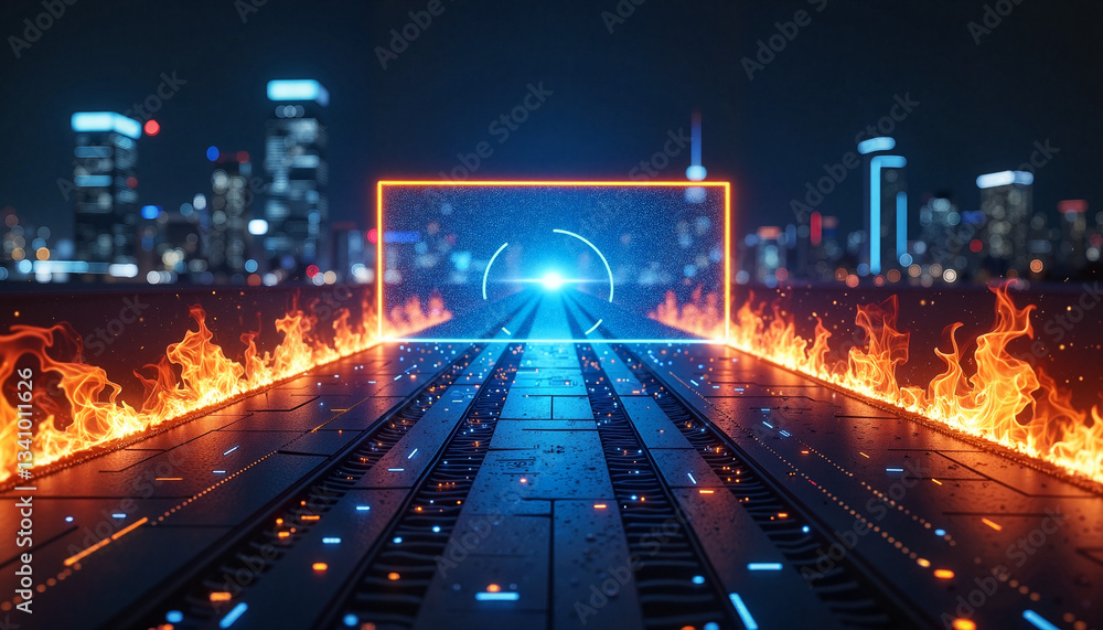 Futuristic Cyber Highway with Neon Lights and Fire in a Digital Cityscape