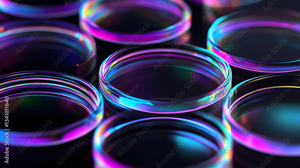 Abstract 3d black background wallpaper with glass transparent circles and colorful light iridescent neon holographic gradient. Crystal render rings, digital graphic design tech banner. 3D Illustration Abstract 3d black background wallpaper with glass transparent circles and colorful light iridescent neon holographic gradient. Crystal render rings, digital graphic design tech banner. 3D Illustration