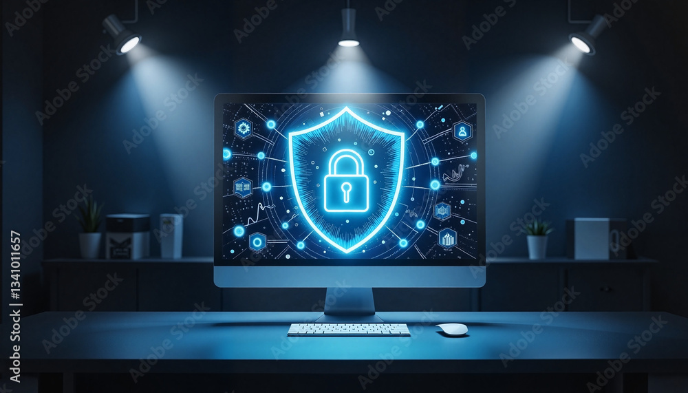 Cybersecurity and Data Protection Shield on Computer Screen in Dark Workspace