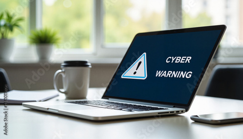 Obraz na płótnie Laptop Displaying Cyber Warning Alert in a Modern Office Setting w salonie