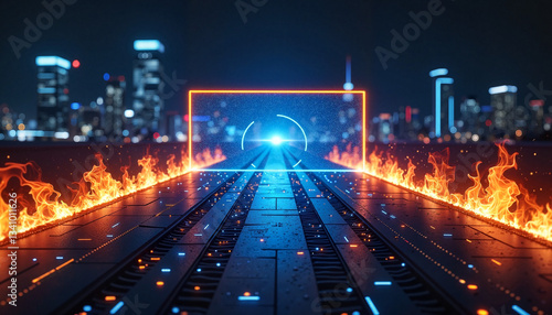 Obraz na płótnie Futuristic Cyber Highway with Neon Lights and Fire in a Digital Cityscape w salonie
