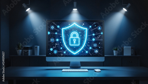 Cybersecurity and Data Protection Shield on Computer Screen in Dark Workspace