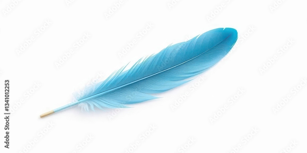 Single, soft, sky-blue feather floats against pure white background, pastel, macro photography Single, soft, sky-blue feather floats against pure white background, pastel, macro photography
