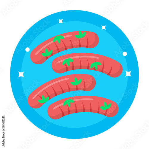 Homemade pork sausages and herbs concept, hotdog  Bangers breakfast vector icon design, German cuisine symbol, Germany Serving Platter sign, European gastronomy food culture stock illustration 