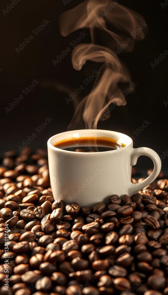 Steaming cup of coffee beside scattered coffee beans, beans, breakfast, caffeinated Steaming cup of coffee beside scattered coffee beans, beans, breakfast, caffeinated