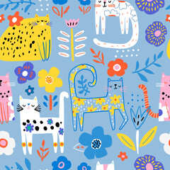 Wandcirkels Kinderkamer patronen Pastelblauwe katjes met bloemetjes  © solodkayamari