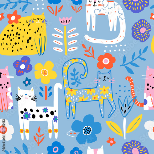 Seamless childish pattern with floral cute hand drawn cats. Creative pastel blue kids hand drawn texture for fabric, wrapping, textile, wallpaper, apparel. Vector illustration
