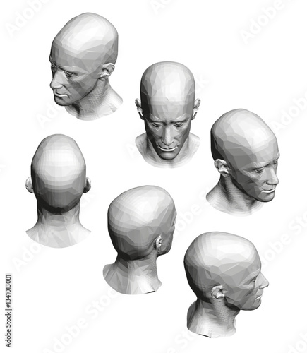 A series of different head shots of a man. The head shots are all in different positions and angles, but they all have the same basic shape and features. Scene is one of uniformity and consistency