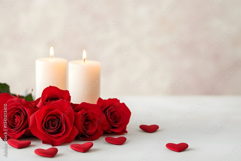 Fototapeta premium Romantic rose and candle arrangement with heart accents