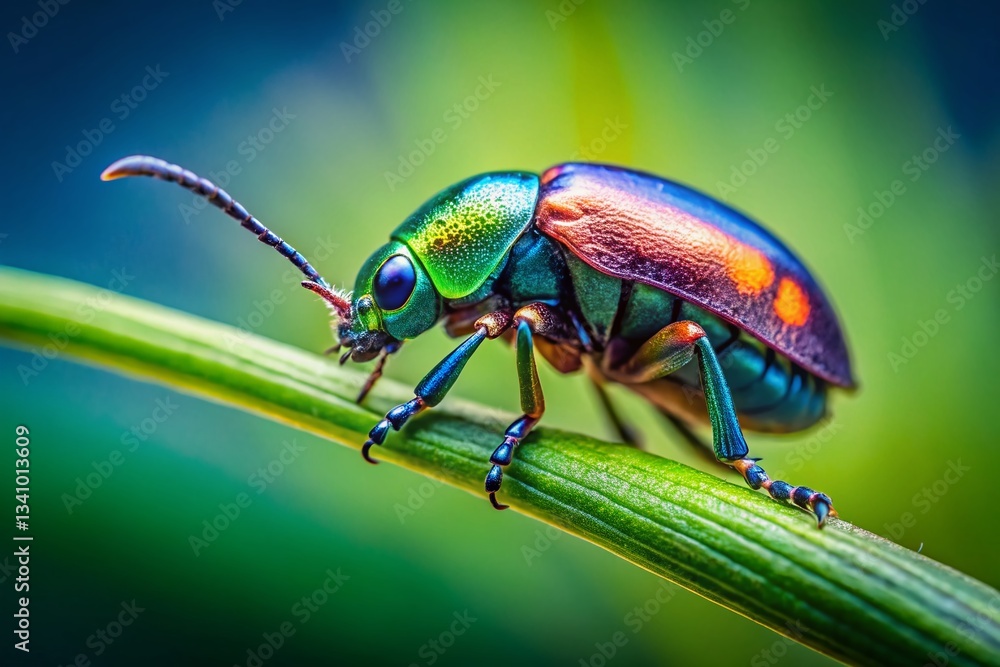 Naklejka premium Macro Photography: Vibrant Green Beetle on Grass Blade