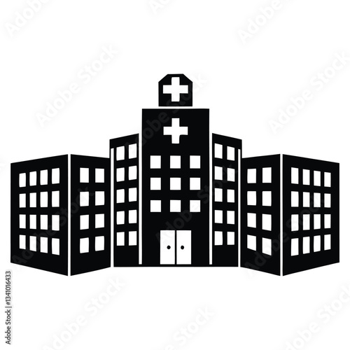 Hospital silhouette vector building icons Clinic black on white background.