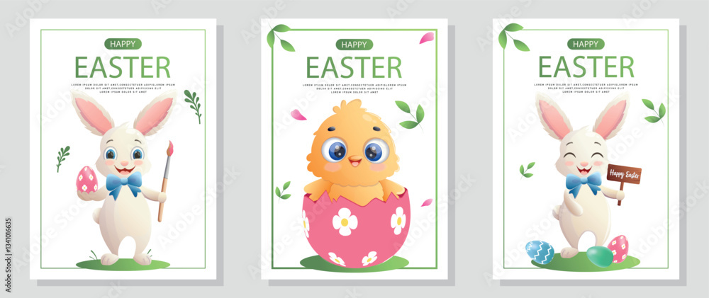 Happy Easter flyer set with decorated with Easter bunny, a chicken and eggs. Vector illustration for, banner, promo, sale, poster. Happy Easter flyer set with decorated with Easter bunny, a chicken and eggs. Vector illustration for, banner, promo, sale, poster.