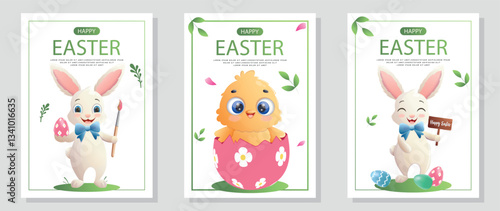 Happy Easter flyer set with decorated with Easter bunny, a chicken and eggs. Vector illustration for, banner, promo, sale, poster.