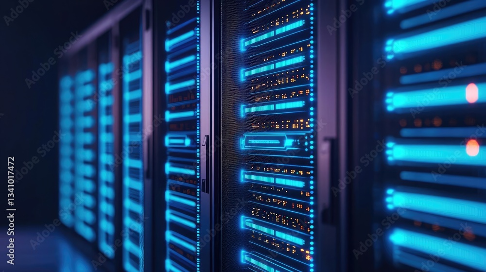 Cybersecurity and technology in network security concept. Modern data center with illuminated server racks and cooling system. Cybersecurity and technology in network security concept. Modern data center with illuminated server racks and cooling system.