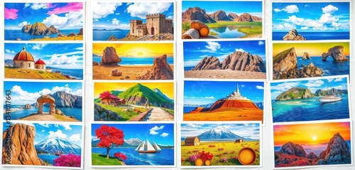 Vibrant collection of colorful postcards, diverse designs, set, building, animal