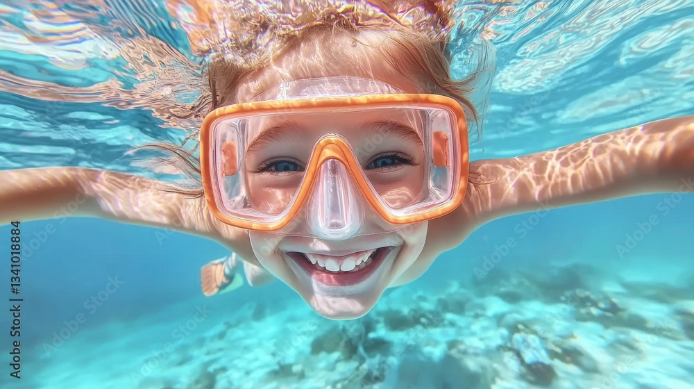 Naklejka premium A young gleeful person s face emerges from the vibrant azure waters showcasing the pure delight and thrill of an underwater snorkeling adventure amid the captivating marine life and coral reefs
