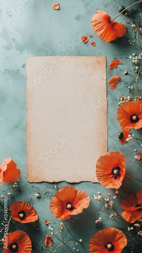 A simple flatlay of red poppy petals surrounding a blank aged paper for text overlay. Vertical Orientation