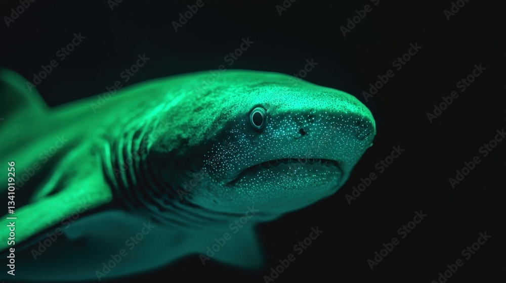 Naklejka premium Mystical Deep Sea Shark Swimming in Dark Aqua Waters at Night