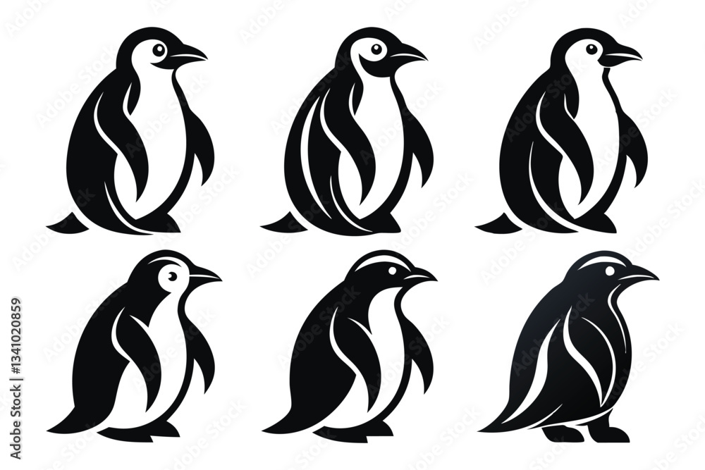 Naklejka premium A set of penguin logos vector silhouette, highly detailed