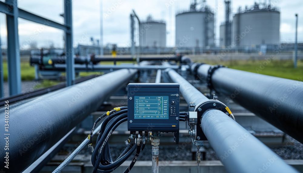 A detailed view of an electrical flow meter situated amidst large industrial pipelines A detailed view of an electrical flow meter situated amidst large industrial pipelines