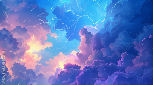 Thunder and lightning on a background with a blue sky. Light thunderstorm/A blue sky with a storm in the background. The sky is filled with lightning bolts. The sky is dark and cloudy
